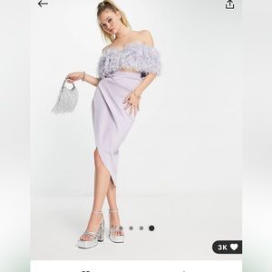 ASOS DEsign 2 piece off shoulder pencil wrap tuck faux feather midi dress